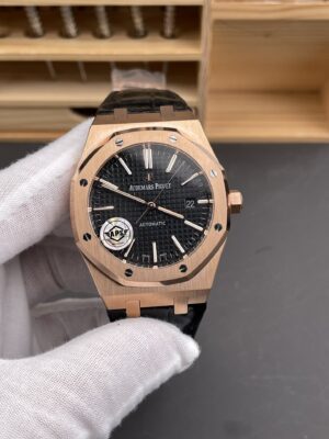Audemars Piguet Royal Oak Gold Case 15400 1:1 Best Edition Black Dial On Leather Strap SA3120 Super Clone